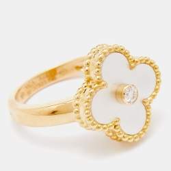 Van Cleef & Arpels Vintage Alhambra  Mother of Pearl Diamond 18k Yellow Gold Ring Size 50