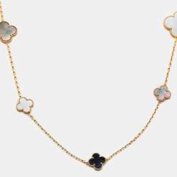 Pre Owned Van Cleef & Arpels Magic Alhambra Mother of Pearl Onyx 18k Yellow Gold Station Necklace
