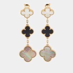 Pre Owned Van Cleef & Arpels Magic Alhambra Mother of Pearl Onyx 18k Yellow Gold Earrings