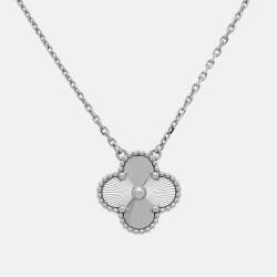 مملوكة مسبقًا Van Cleef & Arpels Vintage Alhambra Guilloché Rhodium Plated 18K White Gold Pendant Necklace