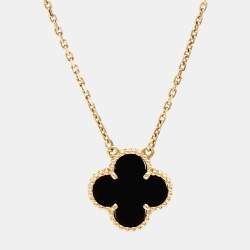 Pre Owned Van Cleef & Arpels Vintage Alhambra Onyx 18k Yellow Gold Necklace 