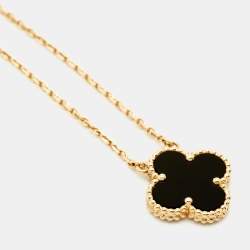 Pre Owned Van Cleef & Arpels Vintage Alhambra Onyx 18k Yellow Gold Necklace 