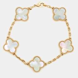 Pre Owned Van Cleef & Arpels Vintage Alhambra 5 Motif Mother of Pearl 18K Yellow Gold Station Bracelet