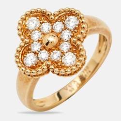 Van Cleef & Arpels Vintage Alhambra Diamonds 18k Yellow Gold Ring Size 53
