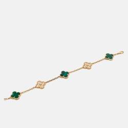 Pre Owned Van Cleef & Arpels Vintage Alhambra Malachite Diamond 18K Yellow Gold Bracelet