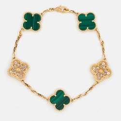 Pre Owned Van Cleef & Arpels Vintage Alhambra Malachite Diamond 18K Yellow Gold Bracelet