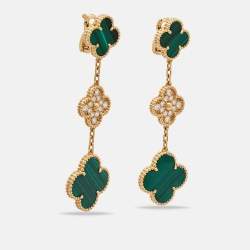 Pre Owned Van Cleef & Arpels Magic Alhambra Malachite Diamond 18k Yellow Gold Earrings