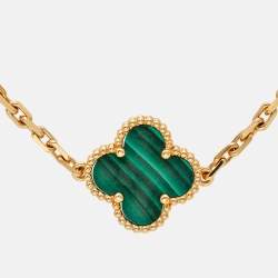 Pre Owned Van Cleef & Arpels Vintage Alhambra 20 Motif Malachite Diamonds 18K Yellow Gold Station Necklace