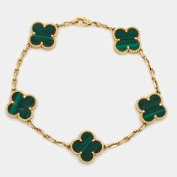 Pre Owned Van Cleef & Arpels Vintage Alhambra Malachite 18k Yellow Gold 5 Motif Station Bracelet