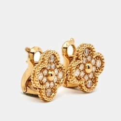 Pre Owned Van Cleef & Arpels Vintage Alhambra Diamonds 18k Yellow Gold Earrings