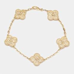 Pre Owned Van Cleef & Arpels Vintage Alhambra Hammered 18k Yellow Gold 5 Motif Station Bracelet