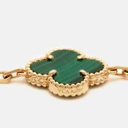 Pre Owned Van Cleef & Arpels Vintage Alhambra Malachite 18k Yellow Gold 5 Motif Station Bracelet