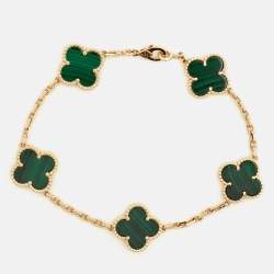 Pre Owned Van Cleef & Arpels Vintage Alhambra Malachite 18k Yellow Gold 5 Motif Station Bracelet
