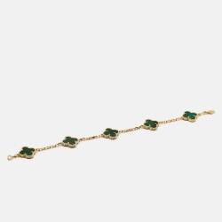 Pre Owned Van Cleef & Arpels Vintage Alhambra Malachite 18k Yellow Gold 5 Motif Station Bracelet