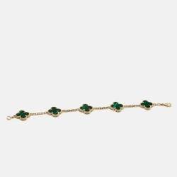Pre Owned Van Cleef & Arpels Vintage Alhambra Malachite 18k Yellow Gold 5 Motif Station Bracelet