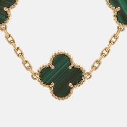 Pre Owned Van Cleef & Arpels Vintage Alhambra Malachite 18k Yellow Gold 5 Motif Station Bracelet