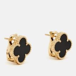 Pre Owned Van Cleef & Arpels Vintage Alhambra Onyx 18k Yellow Gold Earrings