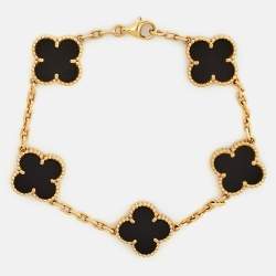 Pre Owned Van Cleef & Arpels Vintage Alhambra Onyx 18k Yellow Gold 5 Motif Station Bracelet