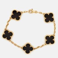 Pre Owned Van Cleef & Arpels Vintage Alhambra Onyx 18k Yellow Gold 5 Motif Station Bracelet