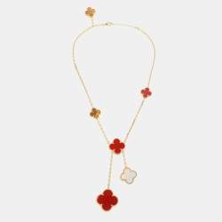 Pre Owned Van Cleef & Arpels Magic Alhambra 6 Motif Carnelian Tiger's Eye 18K Yellow Gold Pendant Necklace