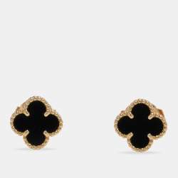 Pre Owned Van Cleef & Arpels Sweet Alhambra Onyx 18k Yellow Gold Earrings