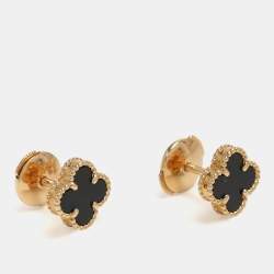 Pre Owned Van Cleef & Arpels Sweet Alhambra Onyx 18k Yellow Gold Earrings