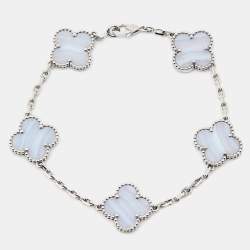 Van Cleef & Arpels Vintage Alhambra Chalcedony 18K White Gold 5 Motif Station Bracelet