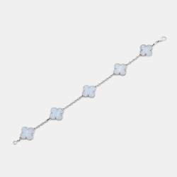 Van Cleef & Arpels Vintage Alhambra Chalcedony 18K White Gold 5 Motif Station Bracelet