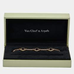 Pre Owned Van Cleef & Arpels Vintage Alhambra Onyx 18k Yellow Gold 5 Motif Station Bracelet