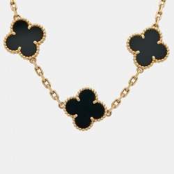Pre Owned Van Cleef & Arpels Vintage Alhambra Onyx 18k Yellow Gold 5 Motif Station Bracelet