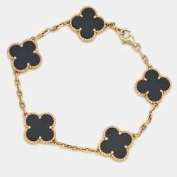 Pre Owned Van Cleef & Arpels Vintage Alhambra Onyx 18k Yellow Gold 5 Motif Station Bracelet