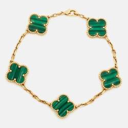 مملوكة مسبقًا Van Cleef & Arpels Vintage Alhambra Malachite 5 Motif 18k Yellow Gold Bracelet
