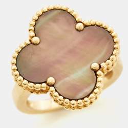 Pre Owned Van Cleef & Arpels Magic Alhambra Grey Mother of Pearl 18k Yellow Gold Ring Size 53