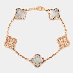 Pre Owned Van Cleef & Arpels Vintage Alhambra Diamond Mother of Pearl 18K Rose Gold Station Bracelet
