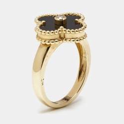 Pre Owned Van Cleef & Arpels Vintage Alhambra Diamond Onyx 18k Yellow Gold Ring Size 52