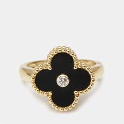 Pre Owned Van Cleef & Arpels Vintage Alhambra Diamond Onyx 18k Yellow Gold Ring Size 52