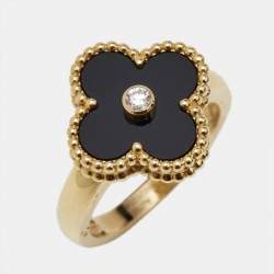 Pre Owned Van Cleef & Arpels Vintage Alhambra Diamond Onyx 18k Yellow Gold Ring Size 52