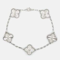 Pre Owned Van Cleef & Arpels Vintage Alhambra Guilloché 18k White 5 Motif Station Bracelet