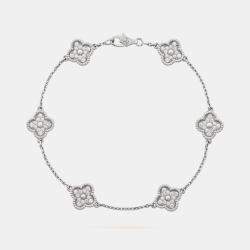 Van Cleef & Arpels 18K White Gold Sweet Alhambra Diamond 6 Motif Station Bracelet
