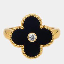 Van Cleef & Arpels Alhambra Diamond Onyx 18K Yellow Gold Ring EU 49