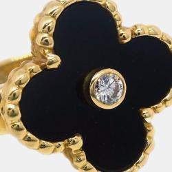 Van Cleef & Arpels Alhambra Diamond Onyx 18K Yellow Gold Ring EU 49