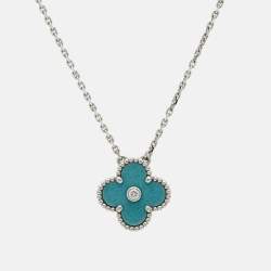 Van Cleef & Arpels Vintage Alhambra Limited Edition Holiday 2022 Celadon Sevres Porcelain Diamond 18k White Gold Necklace