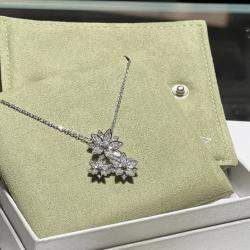 Van Cleef & Arpels 18K White Gold Full Diamond Lotus Pendant Three Flower Necklace