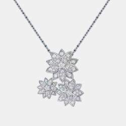 Van Cleef & Arpels 18K White Gold Full Diamond Lotus Pendant Three Flower Necklace