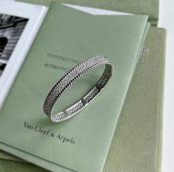 Van Cleef & Arpels White Gold Full Diamond Perlee Diamonds Three-Row Wide Bracelet Size S