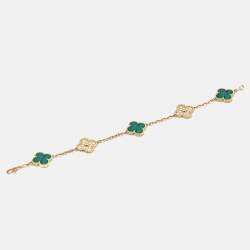 Van Cleef & Arpels Vintage Alhambra Malachite Diamond 18k Yellow Gold 5 Motif Station Bracelet