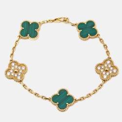 Van Cleef & Arpels Vintage Alhambra Malachite Diamond 18k Yellow Gold 5 Motif Station Bracelet