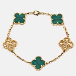 Van Cleef & Arpels Vintage Alhambra Malachite Diamond 18k Yellow Gold 5 Motif Station Bracelet