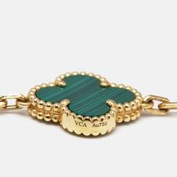 Van Cleef & Arpels Vintage Alhambra Malachite Diamond 18k Yellow Gold 5 Motif Station Bracelet