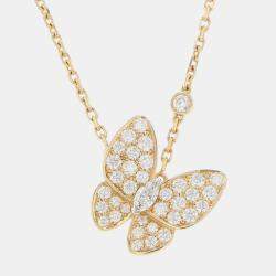 Pre Owned Van Cleef & Arpels 18K Yellow Gold and Diamond Two Butterfly Pendant Necklace